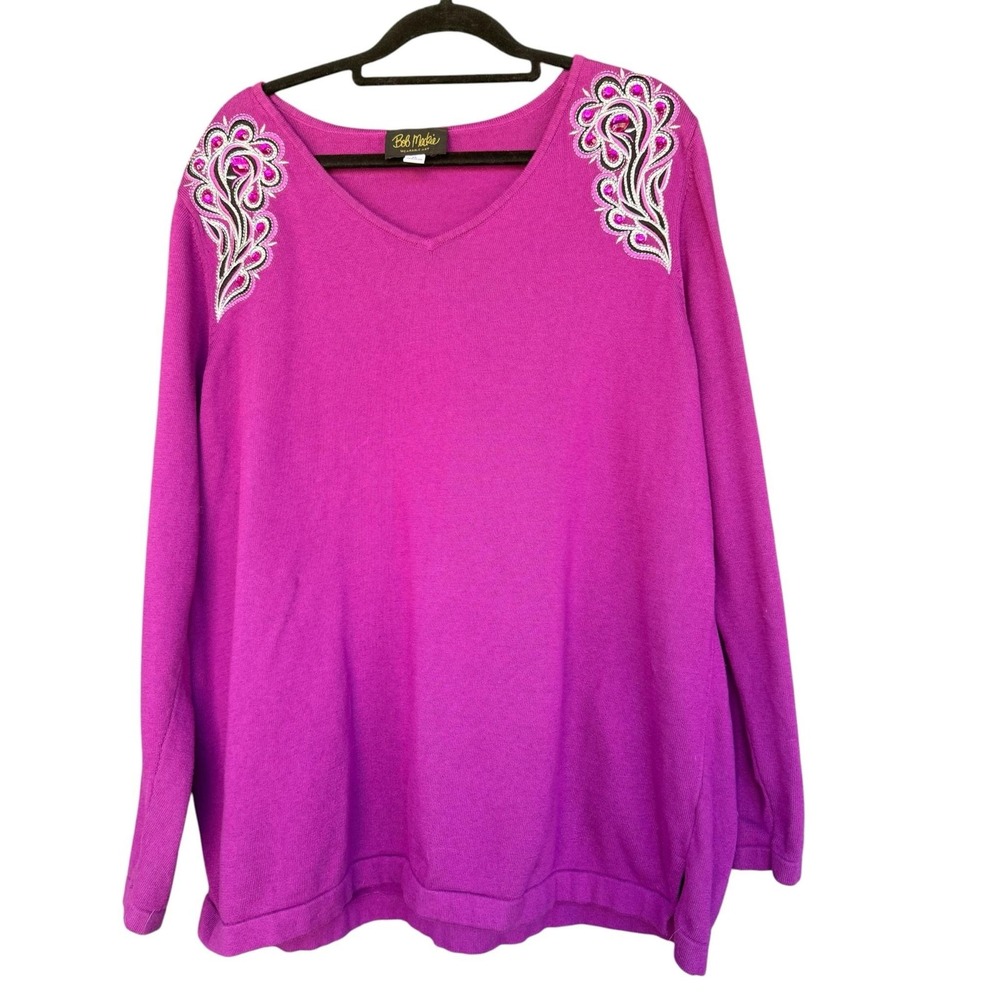 Bob Mackie Sweater Womens XL Purple Embroidered Rhinestone Art to Wear Artsy